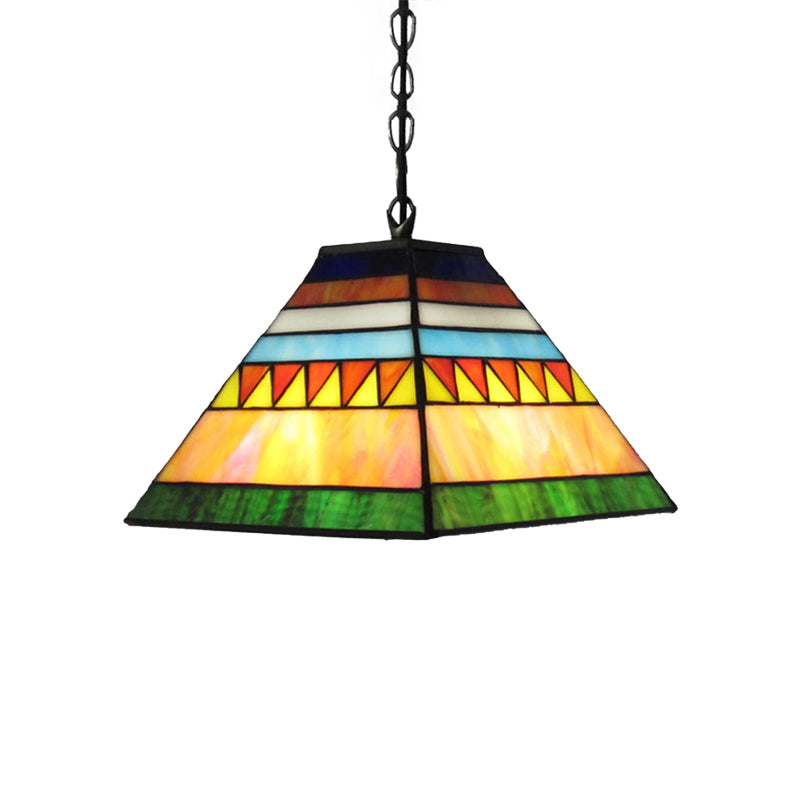 Stained Glass Pyramid Pendant Light - Tiffany-Style Hanging Lamp in a Vibrant Orange/Yellow Hue for Hallways