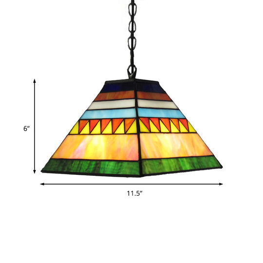 Stained Glass Pyramid Pendant Light - Tiffany-Style Hanging Lamp in a Vibrant Orange/Yellow Hue for Hallways