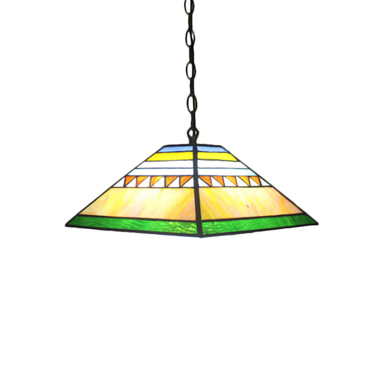 Stained Glass Pyramid Pendant Light - Tiffany-Style Hanging Lamp in a Vibrant Orange/Yellow Hue for Hallways