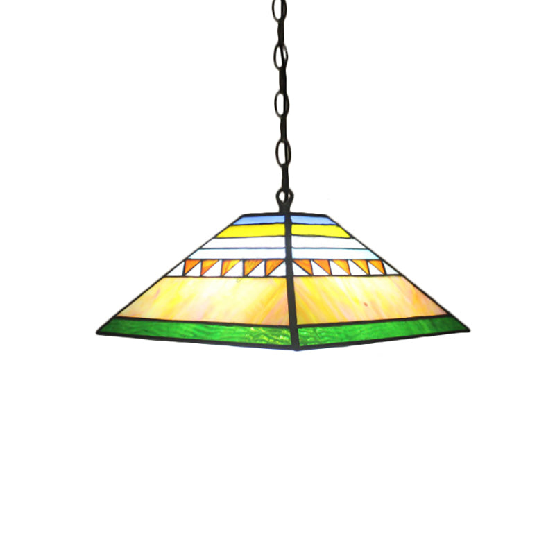 Stained Glass Tiffany-Style Single Bulb Pyramid Pendant Light In Orange/Yellow For Hallway