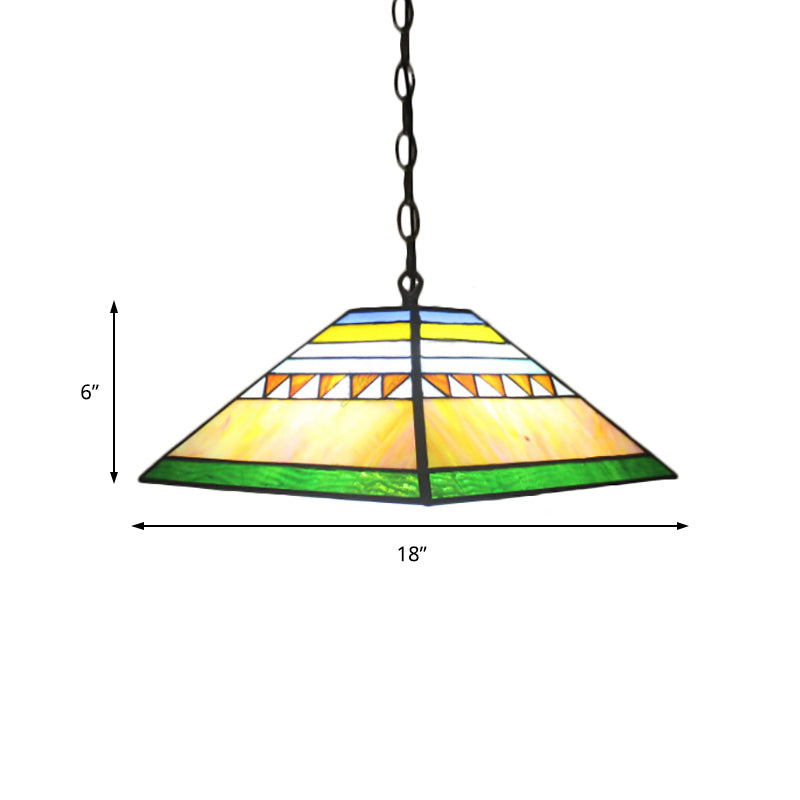 Stained Glass Pyramid Pendant Light - Tiffany-Style Hanging Lamp in a Vibrant Orange/Yellow Hue for Hallways