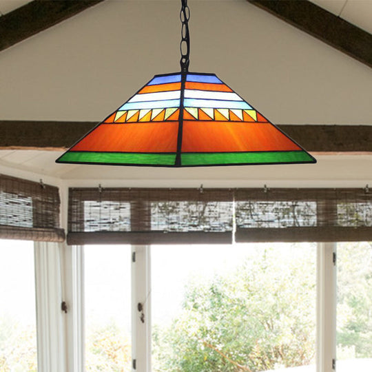 Stained Glass Pyramid Pendant Light - Tiffany-Style Hanging Lamp in a Vibrant Orange/Yellow Hue for Hallways