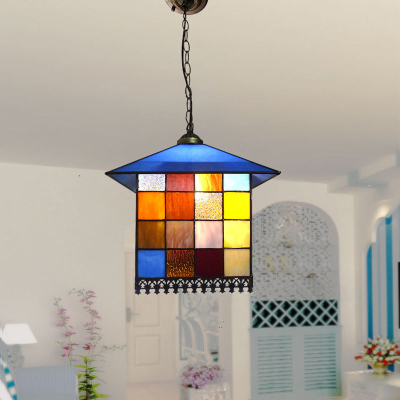 Tiffany Style Blue Glass House Pendant Light Fixture - 1-Light Hanging Lamp With Stylish Stainless