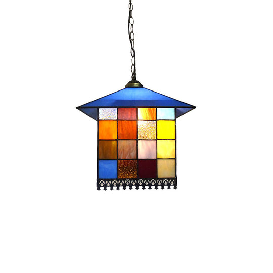 Tiffany Style Blue Glass House Pendant Light Fixture - 1-Light Hanging Lamp With Stylish Stainless