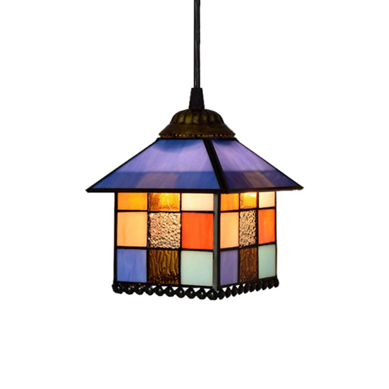 Tiffany Style Blue Glass House Pendant Light Fixture - 1-Light Hanging Lamp With Stylish Stainless