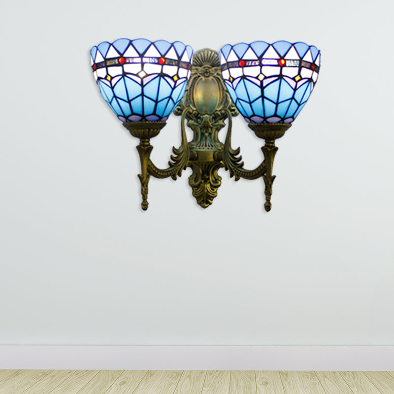 Antique Brass Baroque Stained Glass Sconce - 2 Head Wall Light Fixture For Living Room