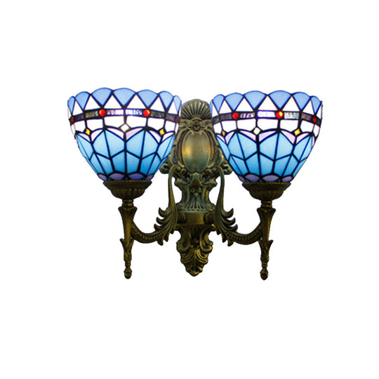 Antique Brass Baroque Stained Glass Sconce - 2 Head Wall Light Fixture For Living Room