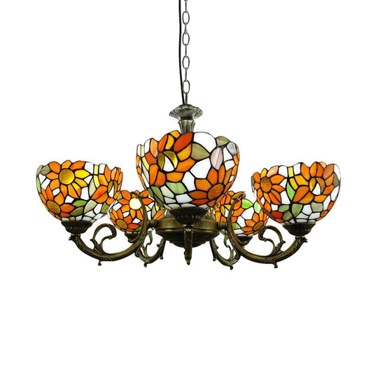 Rustic Tiffany Stained Glass Chandelier: Orange Sunflower Hanging Light For Dining Room