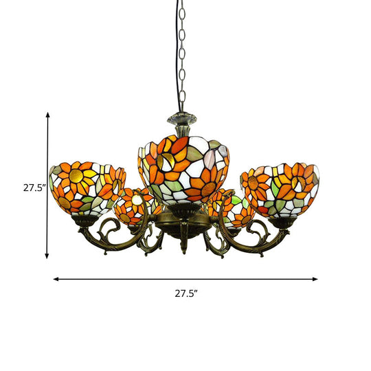 Rustic Tiffany Stained Glass Chandelier: Orange Sunflower Hanging Light for Dining Room