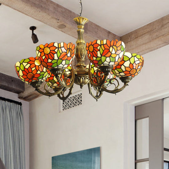 Sunflower Stained Glass Rustic Tiffany Chandelier - 3/5/6 Light Kitchen Hanging Light with Inverted Orange Shade