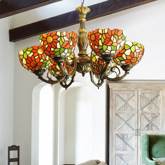 Sunflower Stained Glass Rustic Tiffany Chandelier - 3/5/6 Light Kitchen Hanging Light with Inverted Orange Shade