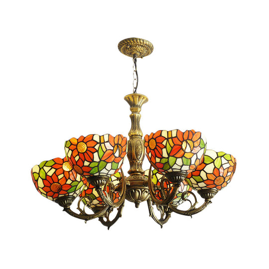 Sunflower Stained Glass Rustic Tiffany Chandelier - 3/5/6 Light Kitchen Hanging Light with Inverted Orange Shade