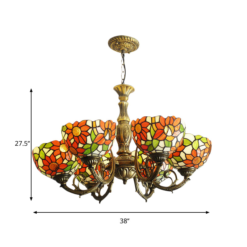 Sunflower Stained Glass Rustic Tiffany Chandelier - 3/5/6 Light Kitchen Hanging Light with Inverted Orange Shade