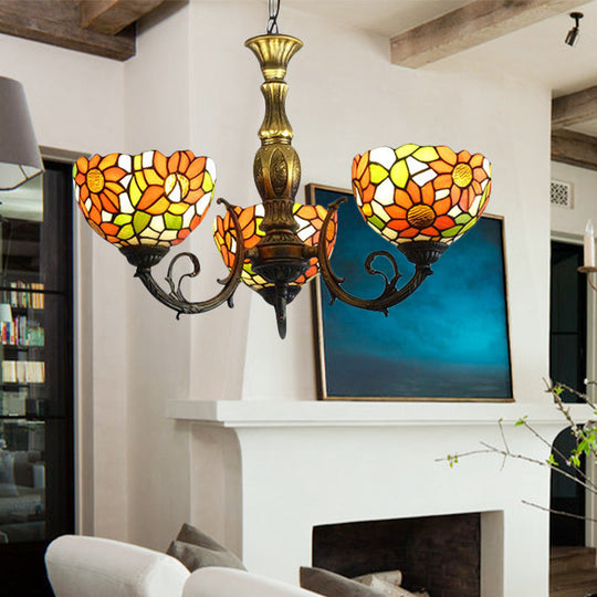 Sunflower Stained Glass Rustic Tiffany Chandelier - 3/5/6 Light Kitchen Hanging Light with Inverted Orange Shade