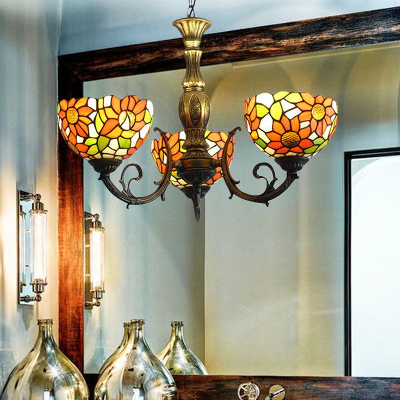 Sunflower Stained Glass Rustic Tiffany Chandelier - 3/5/6 Light Kitchen Hanging Light with Inverted Orange Shade