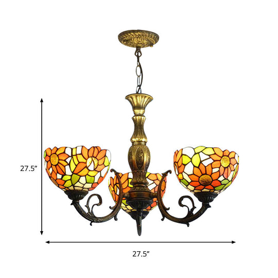 Sunflower Stained Glass Rustic Tiffany Chandelier - 3/5/6 Light Kitchen Hanging Light with Inverted Orange Shade