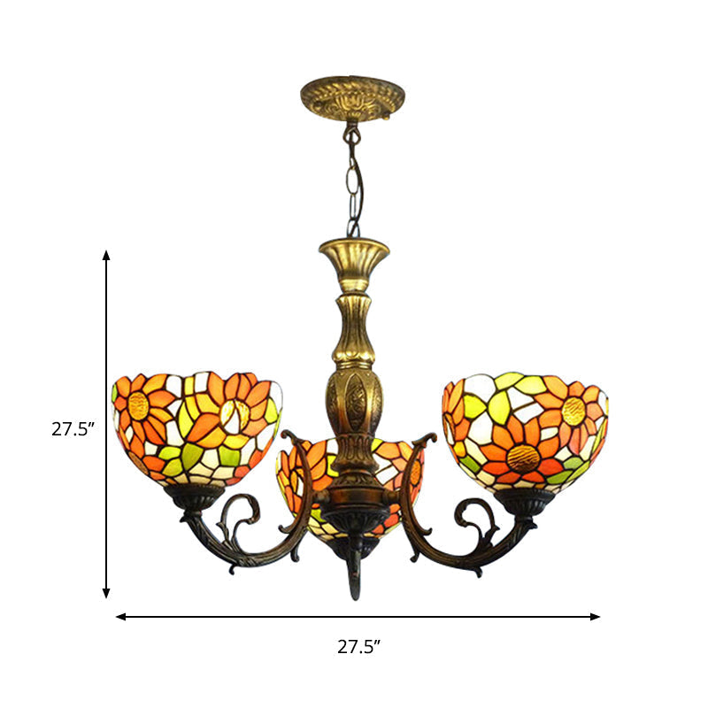 Rustic Tiffany Sunflower Kitchen Chandelier With Stained Glass - 3/5/6 Lights In Orange