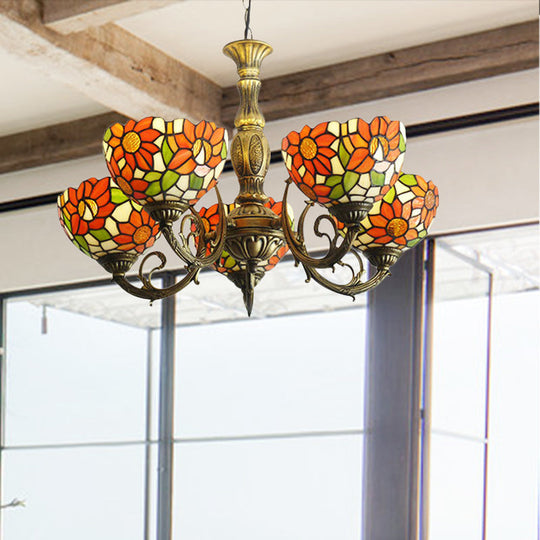 Sunflower Stained Glass Rustic Tiffany Chandelier - 3/5/6 Light Kitchen Hanging Light with Inverted Orange Shade