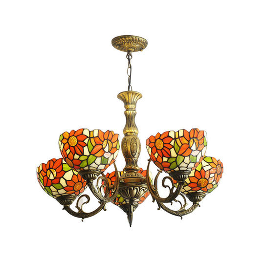 Sunflower Stained Glass Rustic Tiffany Chandelier - 3/5/6 Light Kitchen Hanging Light with Inverted Orange Shade