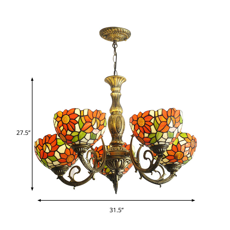 Sunflower Stained Glass Rustic Tiffany Chandelier - 3/5/6 Light Kitchen Hanging Light with Inverted Orange Shade