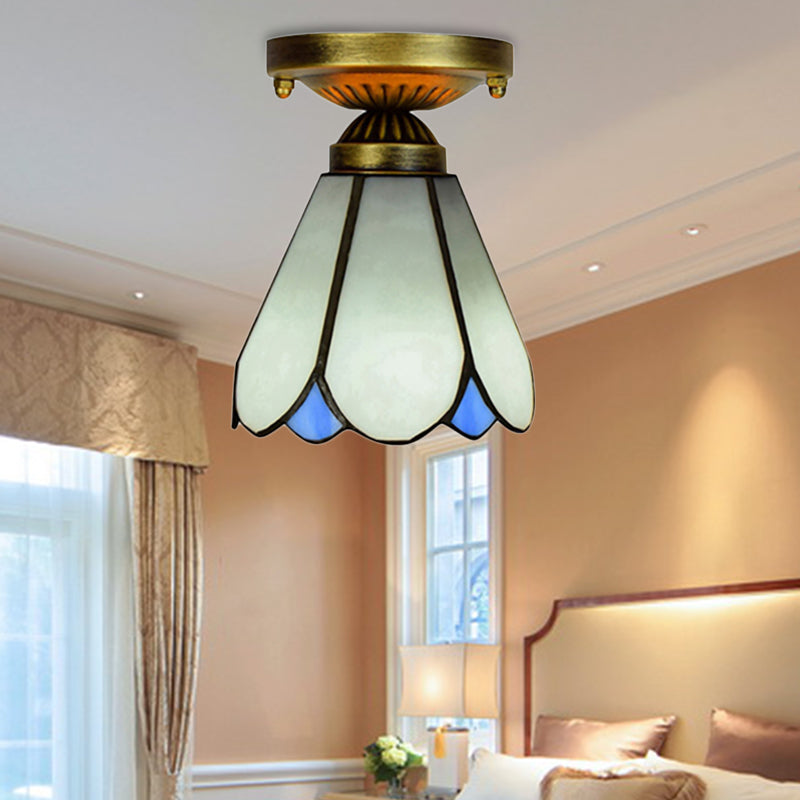 White Tiffany Style Art Glass Conical Ceiling Light With 1 Bulb - Perfect For Your Kitchen