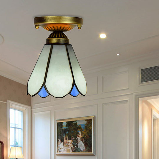 White Tiffany Style Art Glass Conical Ceiling Light With 1 Bulb - Perfect For Your Kitchen