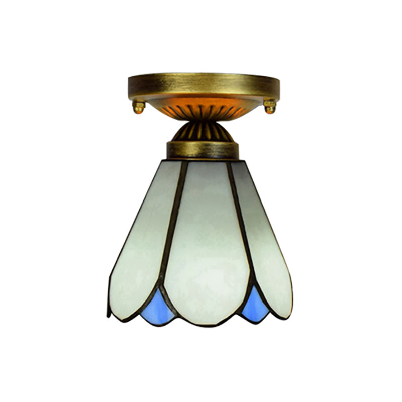 White Art Glass Conical Ceiling Light - Tiffany Style Kitchen Lamp