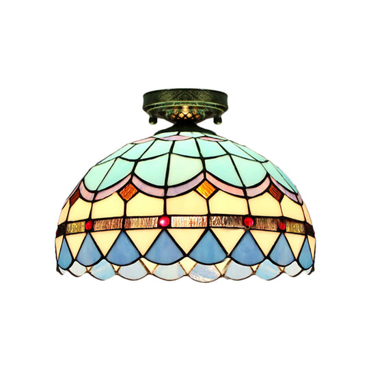 Tiffany Style Stained Glass Flush Ceiling Light with Scalloped Bowl Design