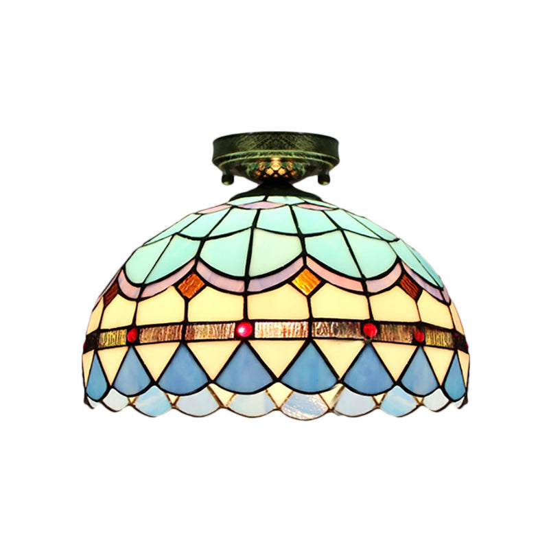 Tiffany Style Stained Glass Flush Ceiling Light With Scalloped Bowl Design