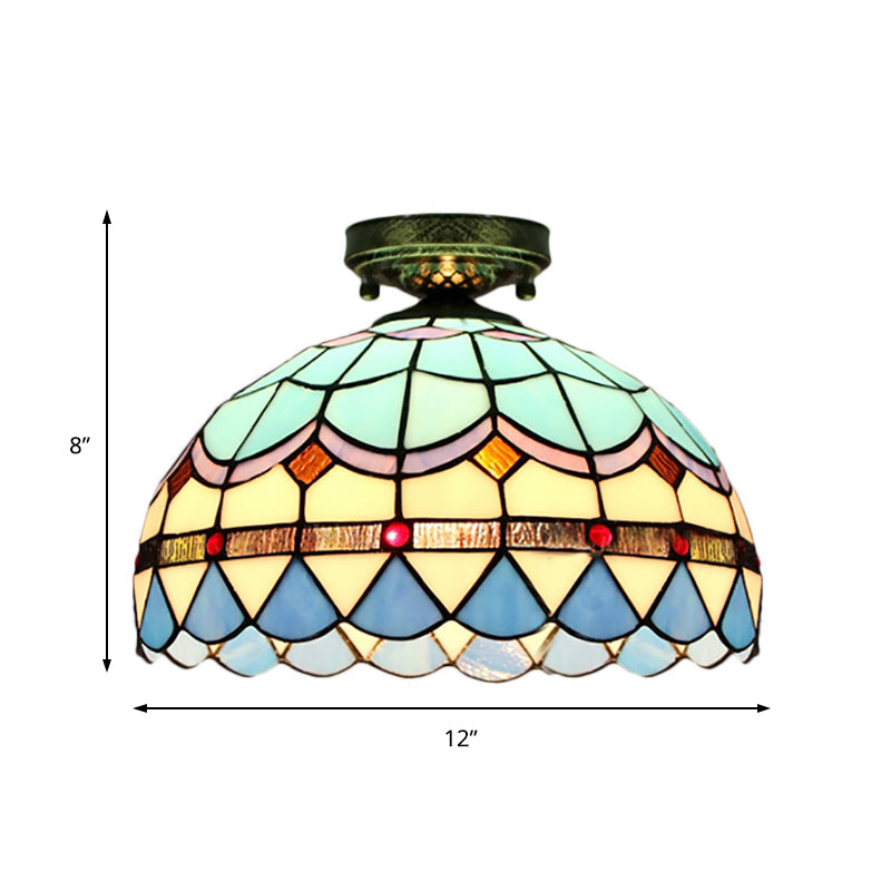 Tiffany Style Stained Glass Flush Ceiling Light with Scalloped Bowl Design