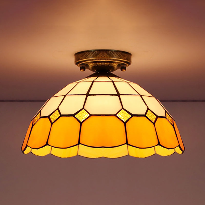 Tiffany Style Stained Glass Flush Ceiling Light With Scalloped Bowl Design Antique Bronze / Yellow