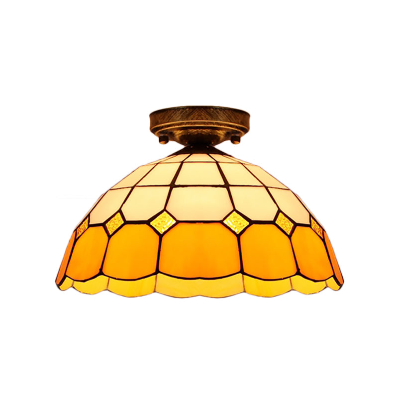 Tiffany Style Stained Glass Flush Ceiling Light with Scalloped Bowl Design