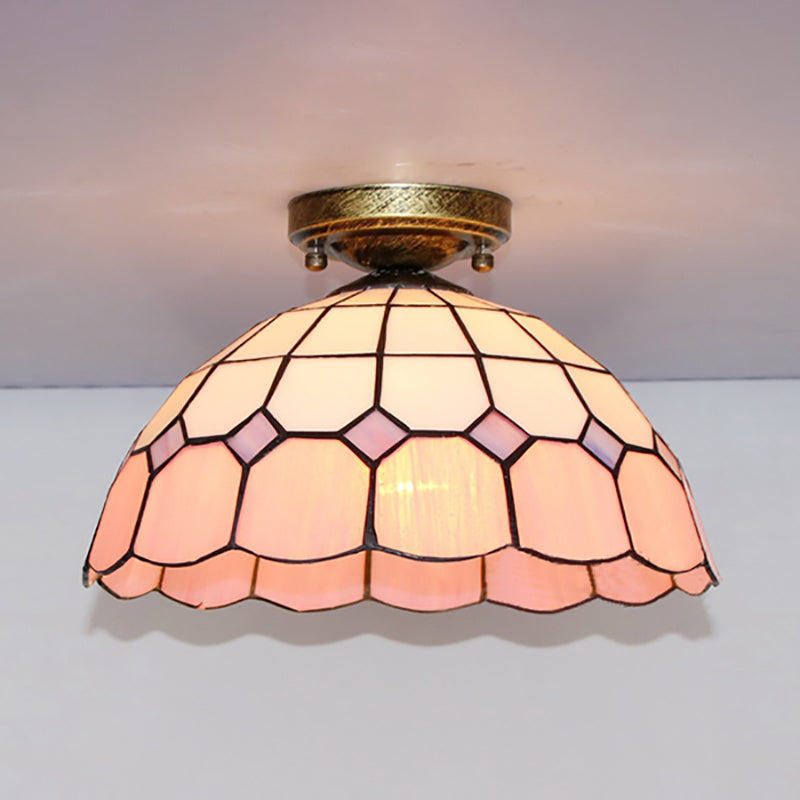 Tiffany Style Stained Glass Flush Ceiling Light with Scalloped Bowl Design