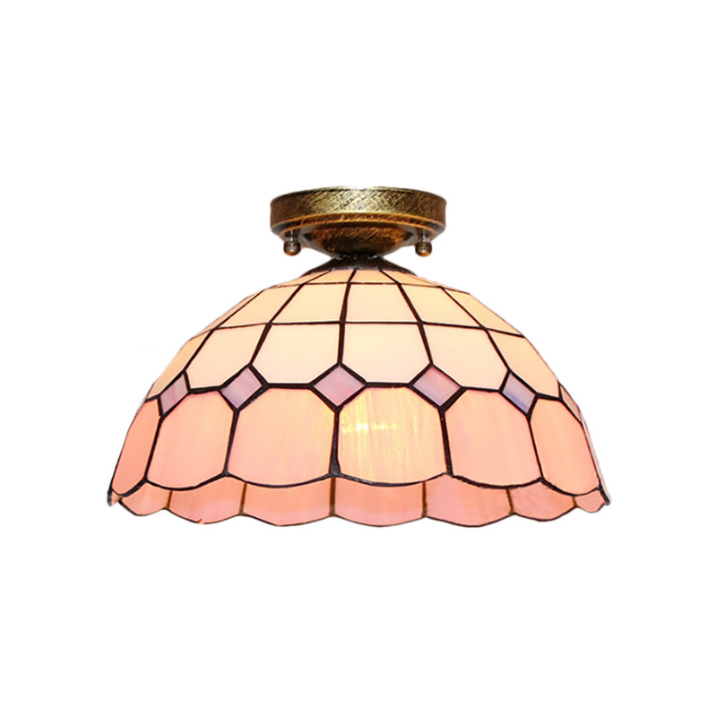 Tiffany Style Stained Glass Flush Ceiling Light with Scalloped Bowl Design