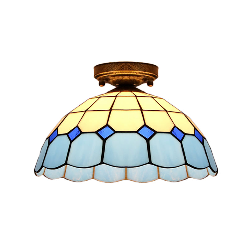 Tiffany Style Stained Glass Flush Ceiling Light with Scalloped Bowl Design