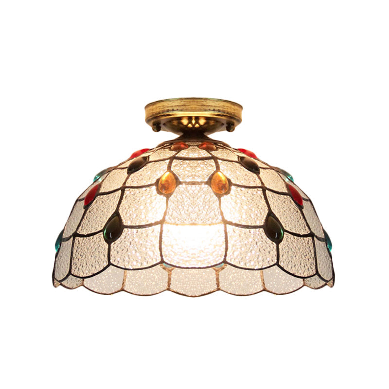 Tiffany Style Stained Glass Flush Ceiling Light with Scalloped Bowl Design