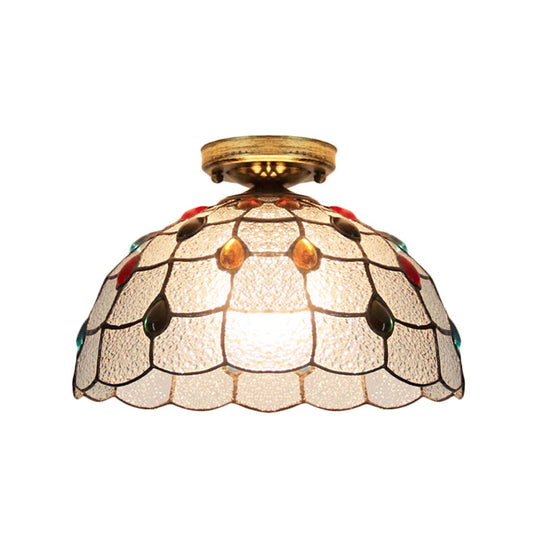 Tiffany Style Stained Glass Flush Ceiling Light with Scalloped Bowl Design