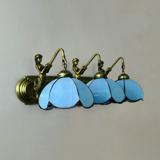 Tiffany Blue/Yellow Glass Wall Mount Lighting - Antique Bronze Sconce Light (3 Heads) Blue