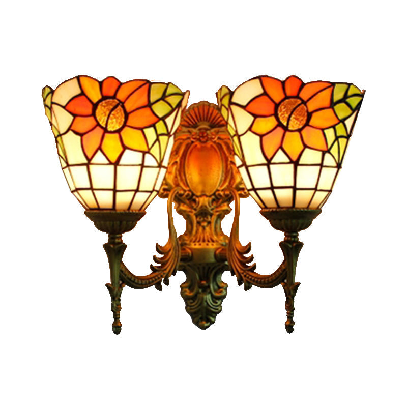 Sunflower Lodge Style Stained Glass Wall Mount Light With Dual Heads - Ideal For Bedroom