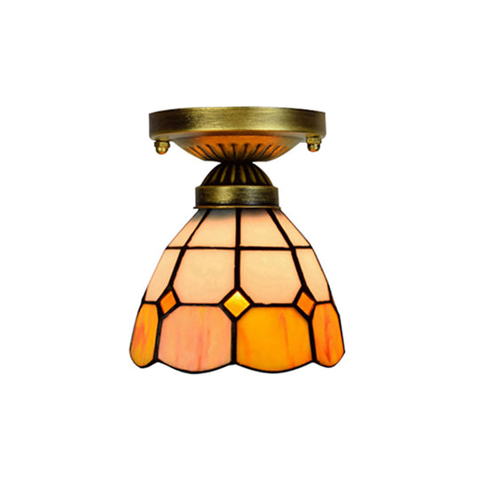 Orange Art Glass Ceiling Lamp - Tiffany Style Grid Bowl Mount for Bathroom - 8"/6" Width