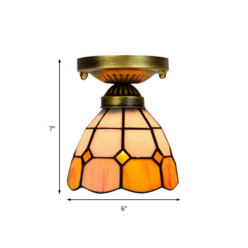 Orange Art Glass Ceiling Lamp - Tiffany Style Grid Bowl Mount for Bathroom - 8"/6" Width