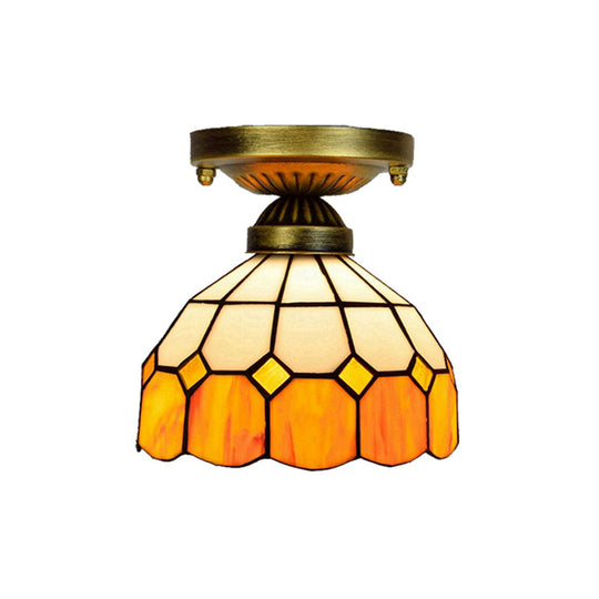 Orange Art Glass Ceiling Lamp - Tiffany Style Grid Bowl Mount For Bathroom 8/6 Width