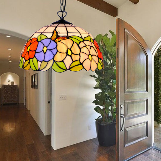 Tiffany-Style Black Stained Glass Hemisphere Ceiling Light with Down Lighting, 12"/16" Wide