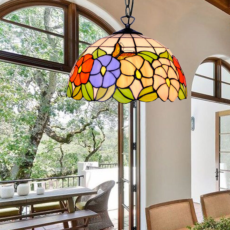 Tiffany-Style Black Stained Glass Hemisphere Ceiling Light with Down Lighting, 12"/16" Wide