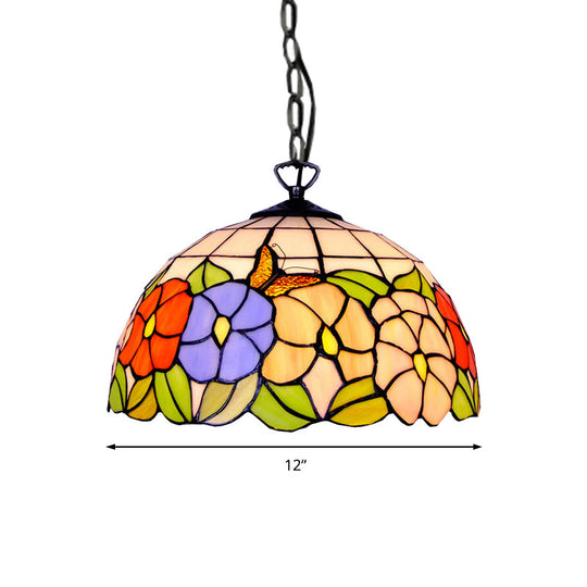 Tiffany-Style Black Stained Glass Hemisphere Ceiling Light with Down Lighting, 12"/16" Wide