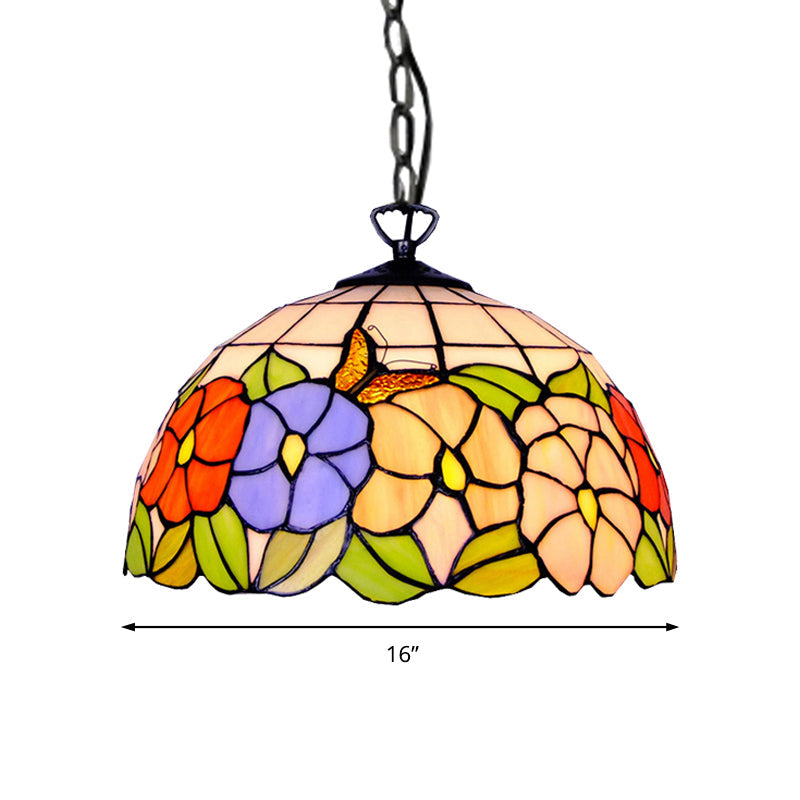 Tiffany-Style Black Stained Glass Hemisphere Ceiling Light with Down Lighting, 12"/16" Wide