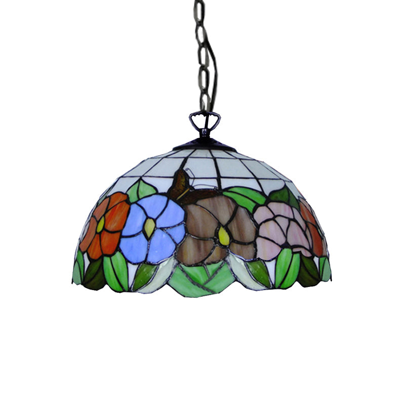 Tiffany-Style Black Stained Glass Hemisphere Ceiling Light with Down Lighting, 12"/16" Wide