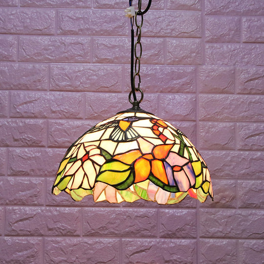 Tiffany-Style Black Stained Glass Pendant Ceiling Light: 1-Bulb Hemispherical Down Lighting With