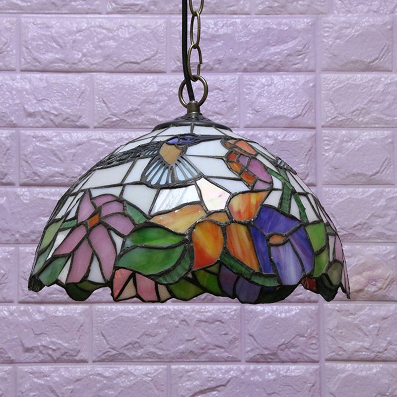 Floral Pattern Tiffany-Style Pendant Ceiling Light: 1 Bulb, Black Stained Glass, Down Lighting