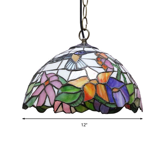 Tiffany-Style Black Stained Glass Pendant Ceiling Light: 1-Bulb Hemispherical Down Lighting With